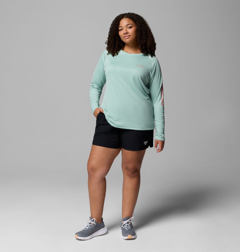 Women's PFG Tidal Tee II Long Sleeve Shirt - Plus Size, Color: Misty Jade, Melonade Logo, image 2