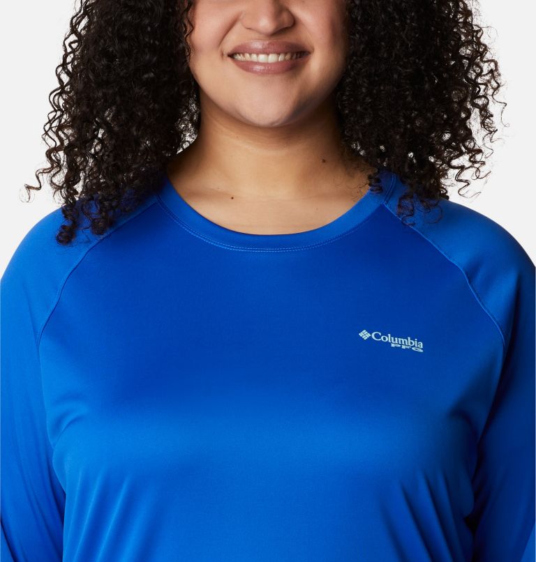 Women's PFG Tidal Tee II Long Sleeve Shirt - Plus Size, Color: Blue Macaw, Gulf Stream Logo, image 3