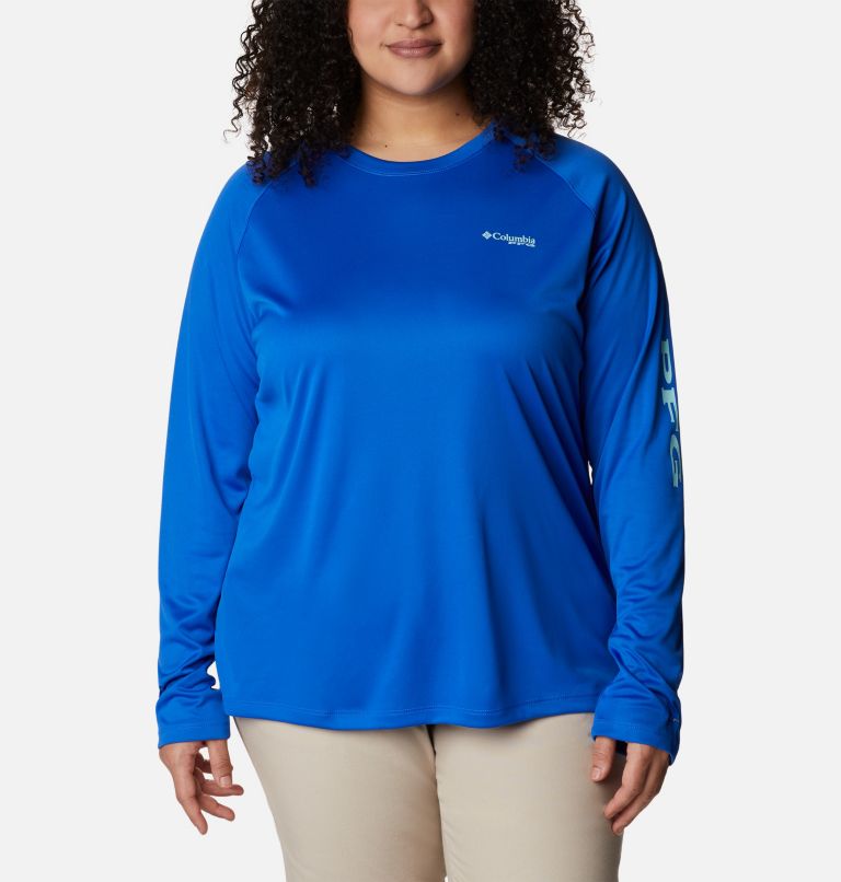 Women's PFG Tidal Tee II Long Sleeve Shirt - Plus Size, Color: Blue Macaw, Gulf Stream Logo, image 1