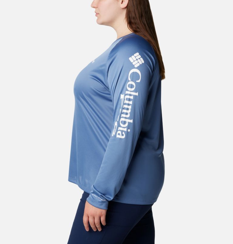 Women's PFG Tidal Tee II Long Sleeve Shirt - Plus Size, Color: Bluestone, White Logo, image 3