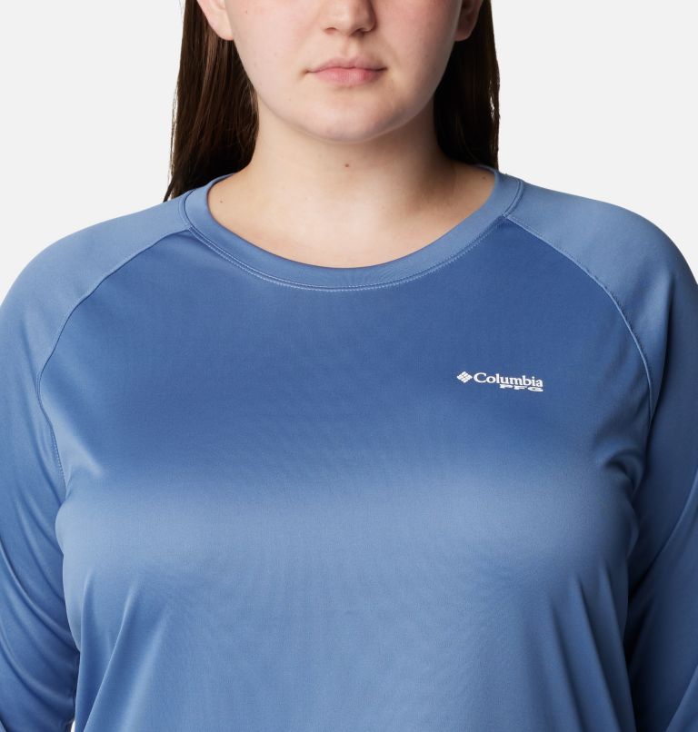 Women's PFG Tidal Tee II Long Sleeve Shirt - Plus Size, Color: Bluestone, White Logo, image 4