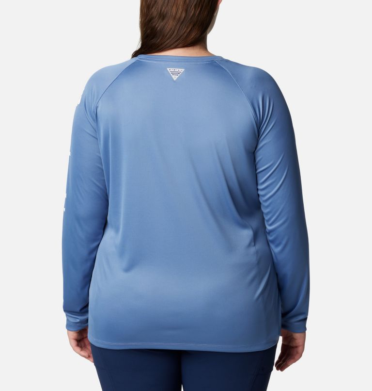 Women's PFG Tidal Tee II Long Sleeve Shirt - Plus Size, Color: Bluestone, White Logo, image 2