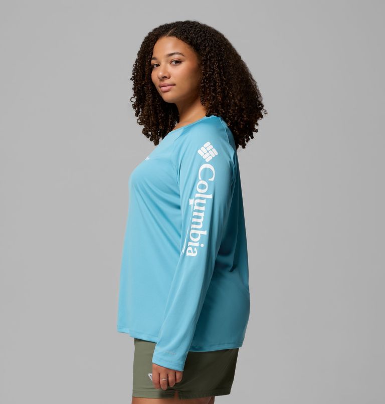 Women's PFG Tidal Tee II Long Sleeve Shirt - Plus Size, Color: Vintage Blue, White Logo, image 4