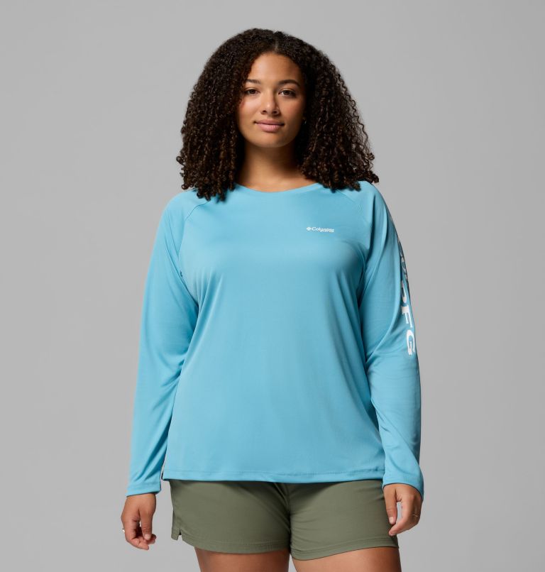Women's PFG Tidal Tee II Long Sleeve Shirt - Plus Size, Color: Vintage Blue, White Logo, image 1