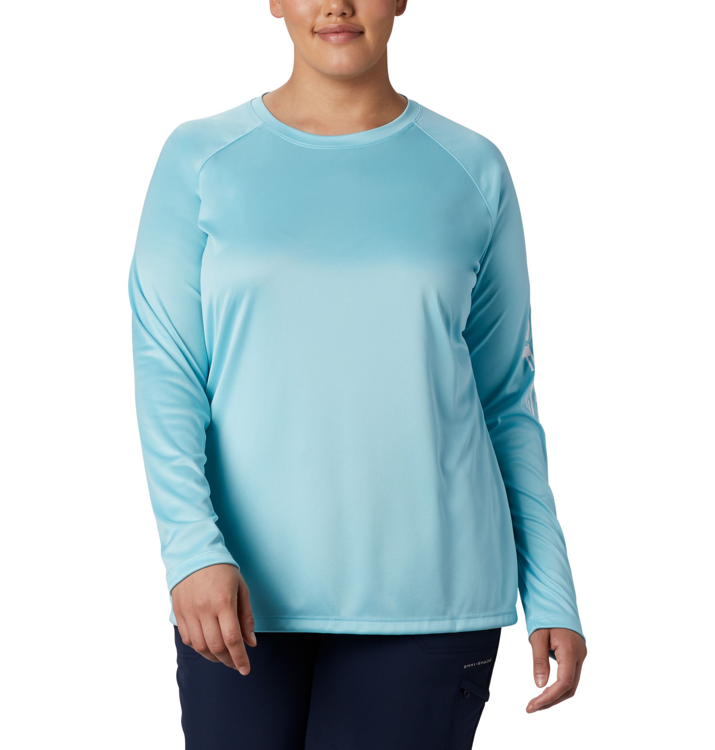 Women's Columbia PFG Tidal Tee II Long Sleeve Shirt, Large, Berry Jam/Fairytale Logo
