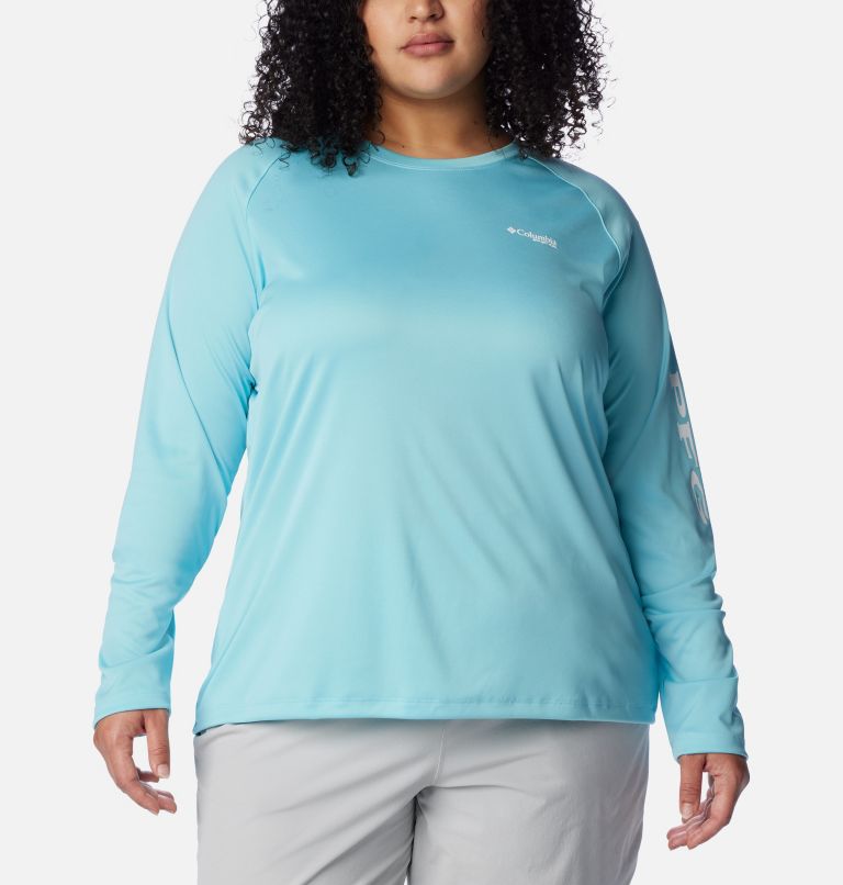 Women's PFG Tidal Tee II Long Sleeve Shirt - Plus Size, Color: Clear Blue, White Logo, image 1