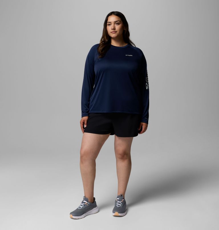 Women's PFG Tidal Tee II Long Sleeve Shirt - Plus Size, Color: Collegiate Navy, White Logo, image 2