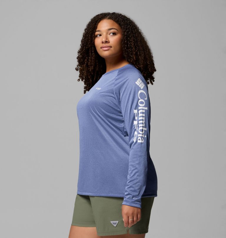 Women's PFG Tidal Tee II Long Sleeve Shirt - Plus Size, Color: Bluebell Heather, White Logo, image 4