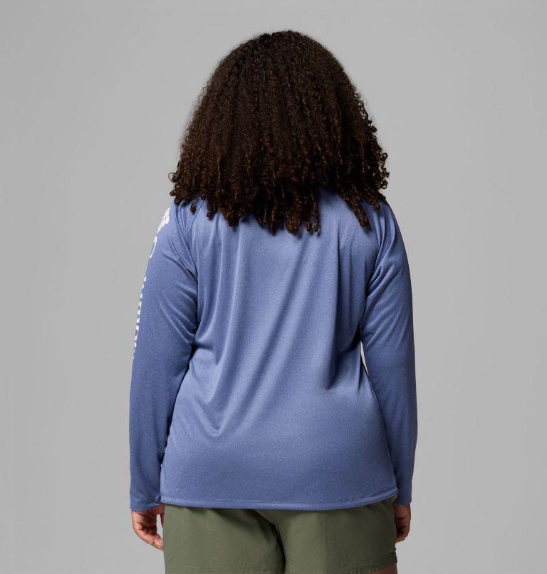 Women's PFG Tidal Tee II Long Sleeve Shirt - Plus Size, Color: Bluebell Heather, White Logo, image 3