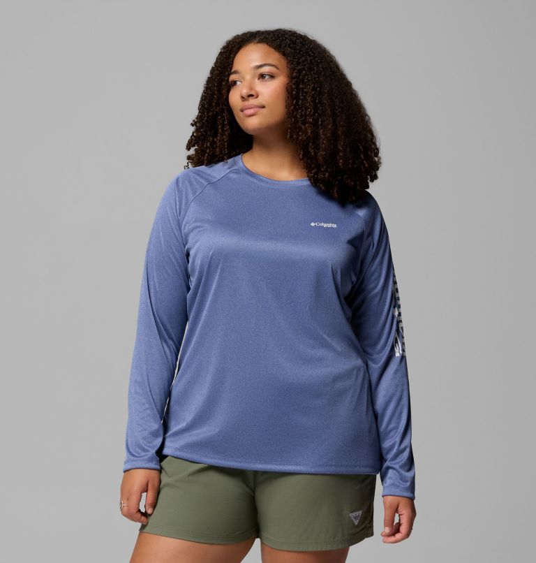 Women's PFG Tidal Tee II Long Sleeve Shirt - Plus Size, Color: Bluebell Heather, White Logo, image 1