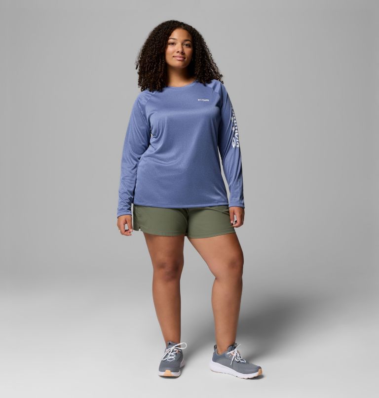 Women's PFG Tidal Tee II Long Sleeve Shirt - Plus Size, Color: Bluebell Heather, White Logo, image 2
