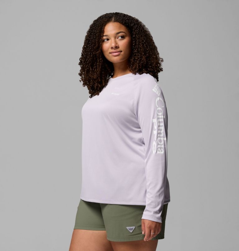 Women's PFG Tidal Tee II Long Sleeve Shirt - Plus Size, Color: Lavender Pearl Heather, White Logo, image 4
