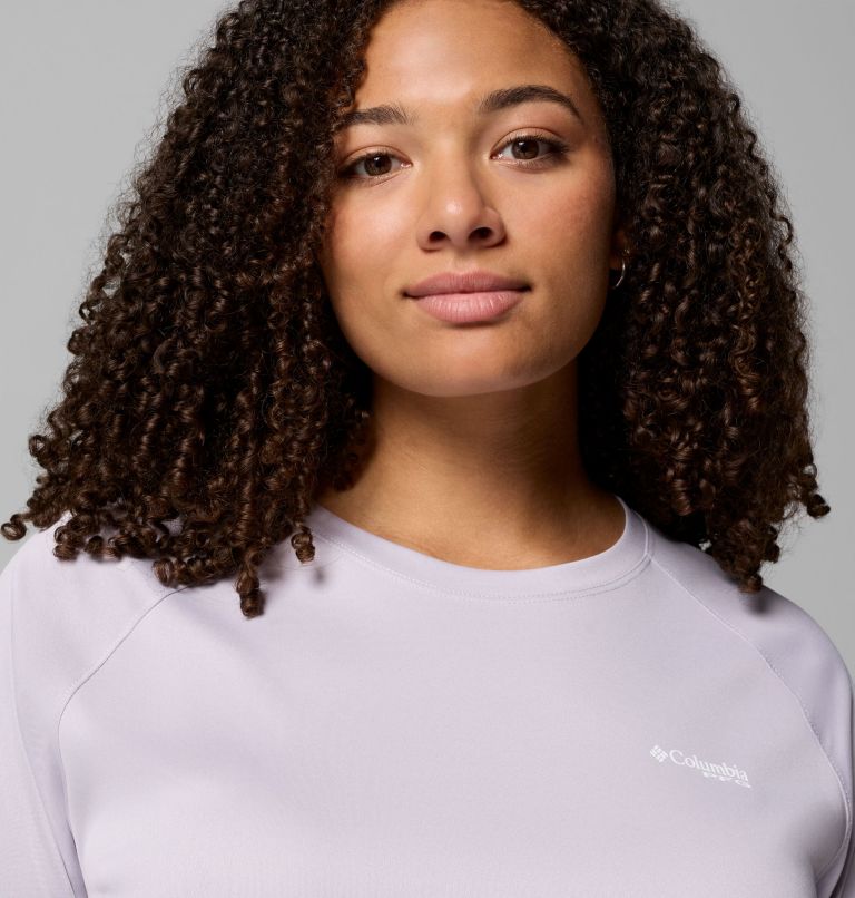 Women's PFG Tidal Tee II Long Sleeve Shirt - Plus Size, Color: Lavender Pearl Heather, White Logo, image 5
