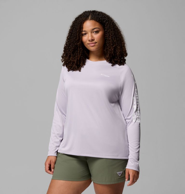 Women's PFG Tidal Tee II Long Sleeve Shirt - Plus Size, Color: Lavender Pearl Heather, White Logo, image 1