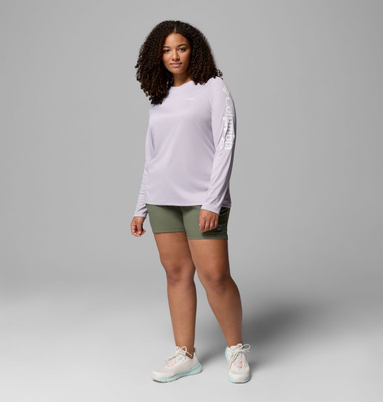 Women's PFG Tidal Tee II Long Sleeve Shirt - Plus Size, Color: Lavender Pearl Heather, White Logo, image 2