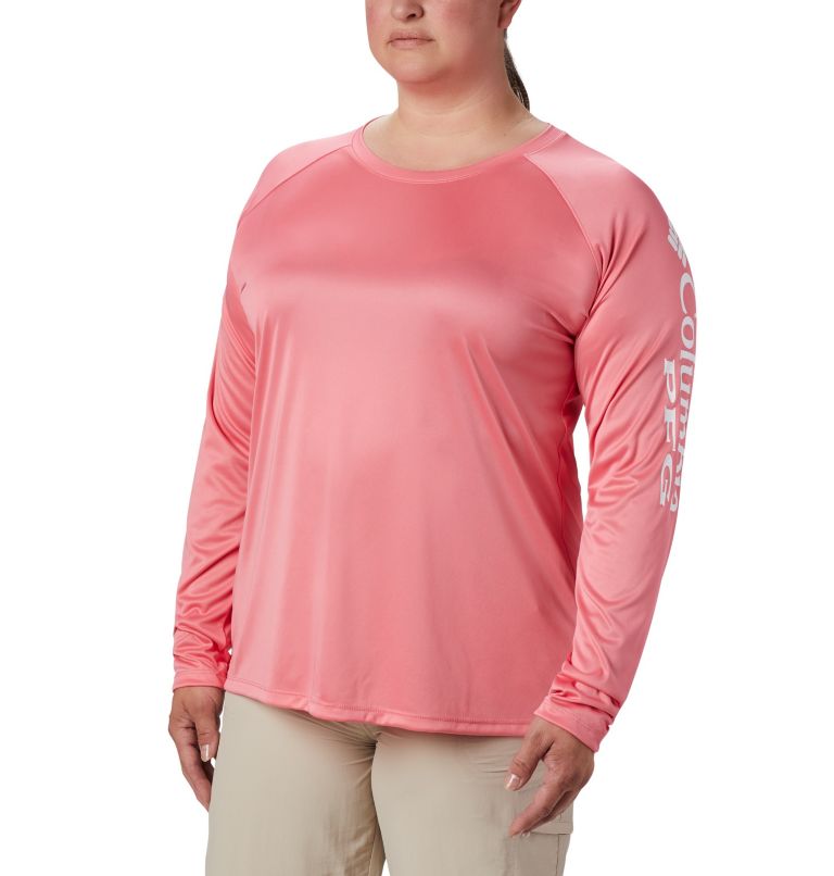 Thumbnail: Women’s PFG Tidal Tee II Long Sleeve - Plus Size, Color: Lollipop, White Logo, image 1