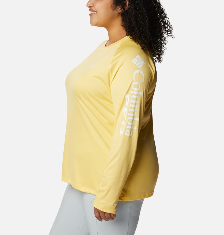 Women’s PFG Tidal Tee II Long Sleeve - Plus Size, Color: Sweet Corn, White Logo, image 3
