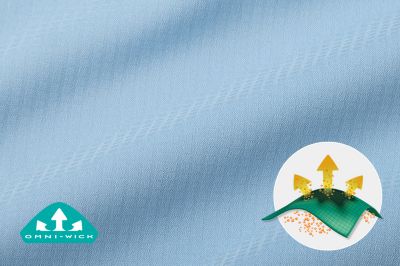 Close up of fabric with the Omni Wick logo in the bottom left and a graphic showing how moisture evaporates from the fabric's surface.