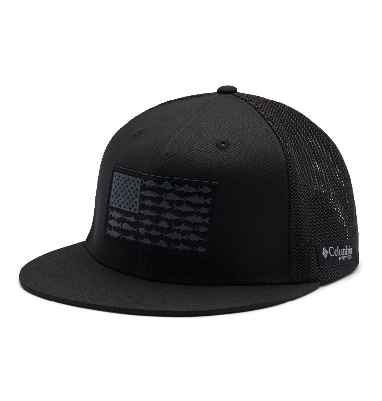 PFG Mesh Flat Brim Ball Cap, Color: Black, Fish Flag, image 1