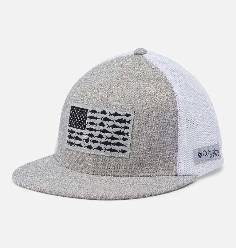 PFG Mesh Flat Brim Ball Cap, Color: Cool Grey Heather, Fish Flag, image 1
