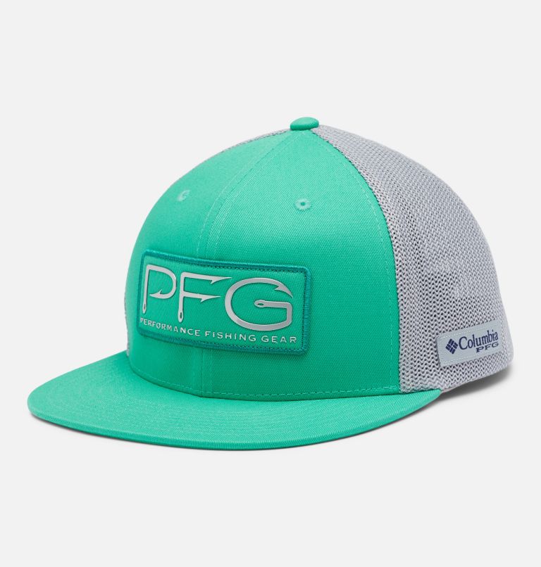 PFG Mesh Flat Brim Ball Cap, Color: Electric Turquoise, PFG Hook Patch
