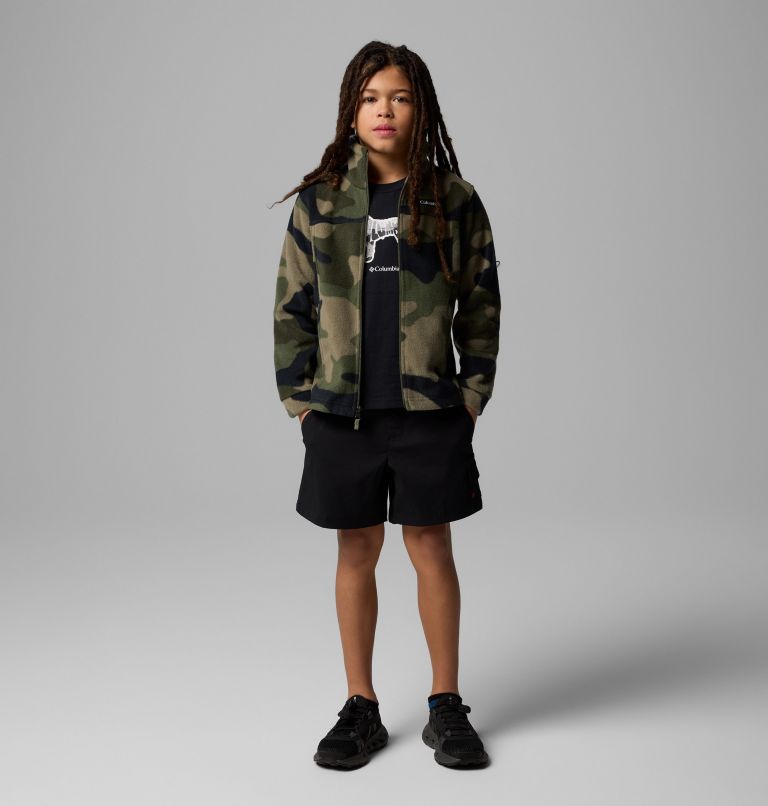 Boys’ Zing III Printed Fleece Jacket, Color: Stone Green Mod Camo, image 7