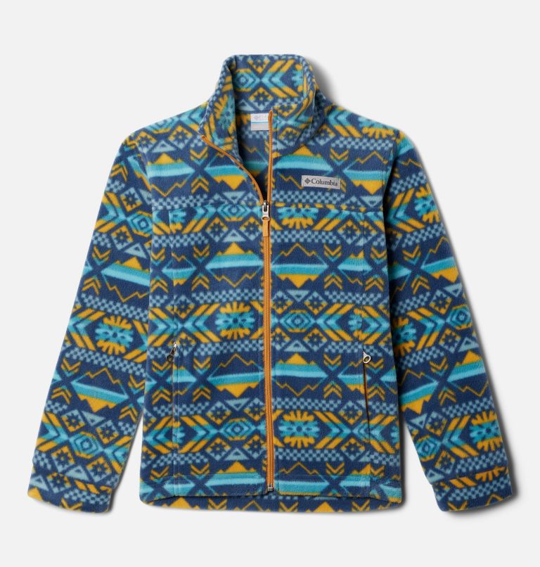 Boys’ Zing III Printed Fleece Jacket, Color: Dark Mountain Checkered Peaks, image 1