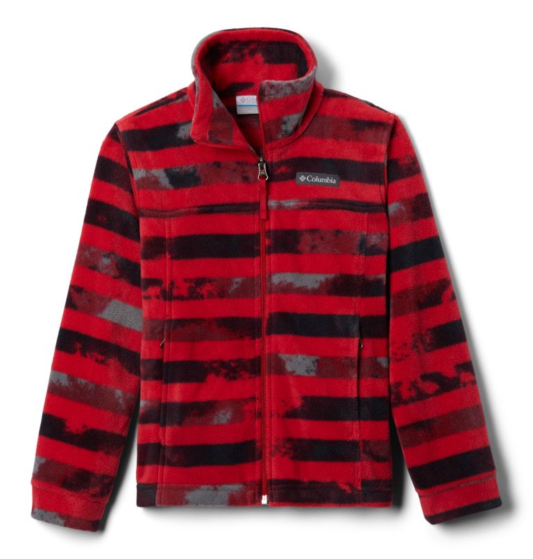 Boys’ Zing III Printed Fleece Jacket, Color: Mountain Red Tie Dye Stripe, image 1