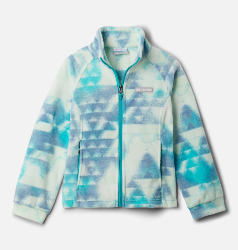 Girls’ Benton Springs II Printed Fleece Jacket, Color: Bright Aqua Distant Peaks, image 1