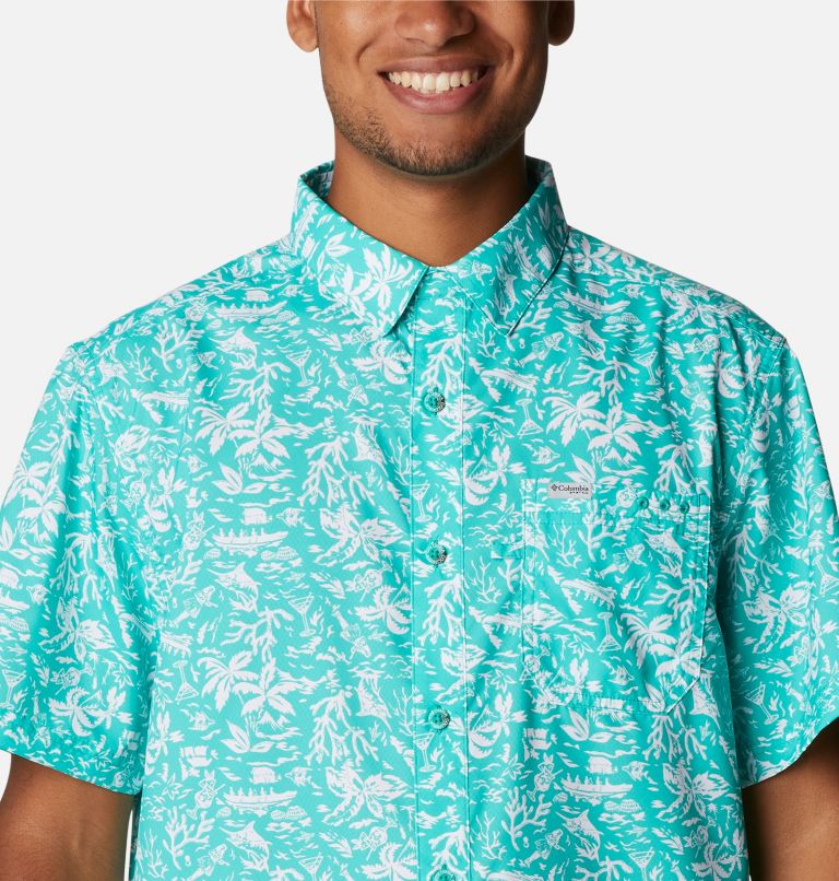 Men’s PFG Super Slack Tide Camp Shirt, Color: Electric Turquoise Kona Print, image 4