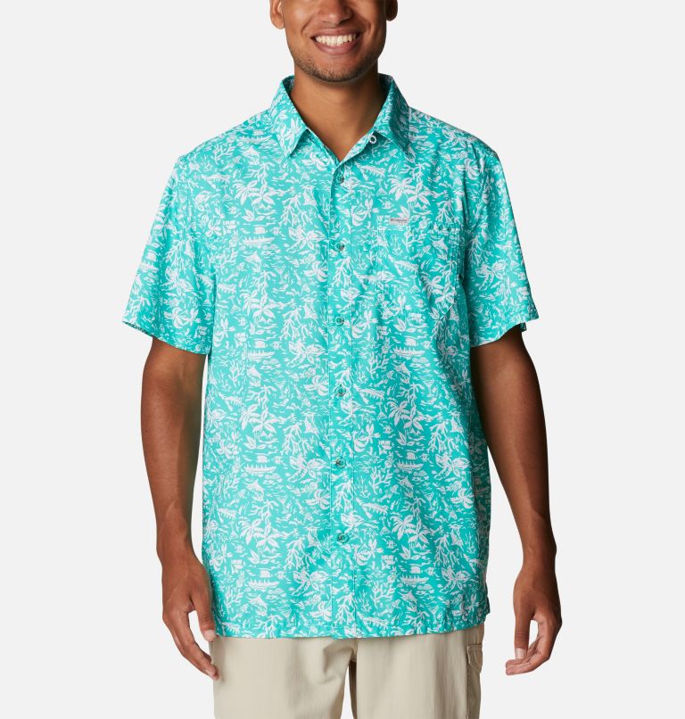 Men’s PFG Super Slack Tide Camp Shirt, Color: Electric Turquoise Kona Print, image 1