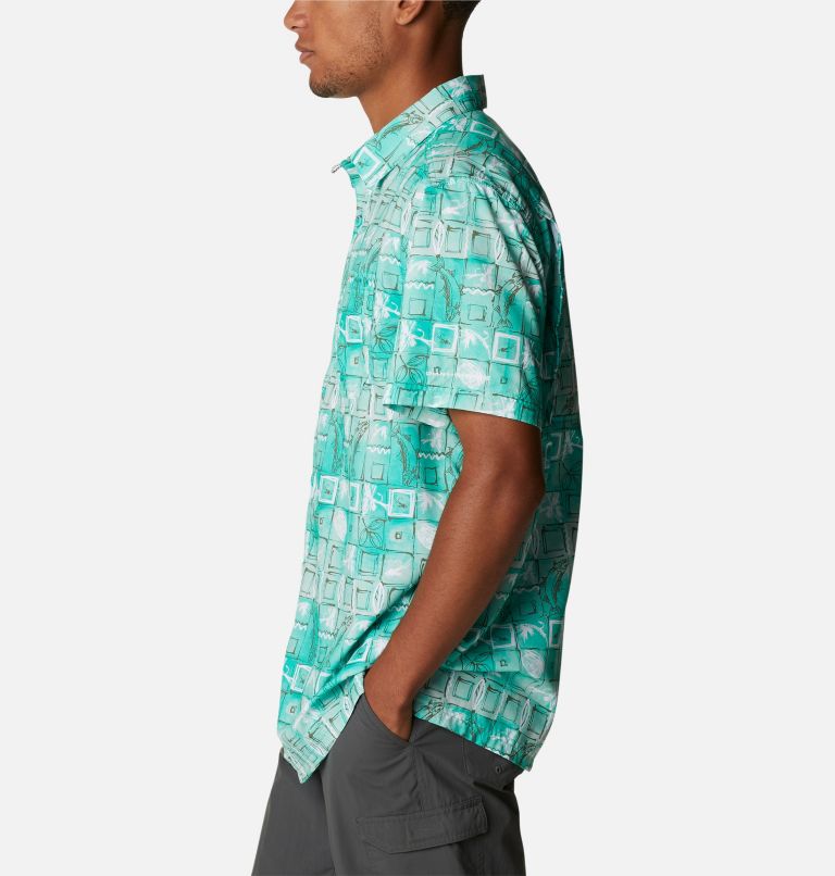 Men’s PFG Super Slack Tide Camp Shirt, Color: Electric Turquoise Trout Batik, image 3