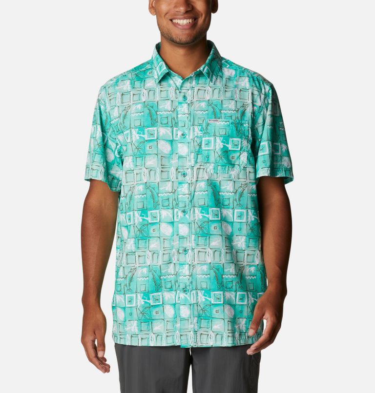 Thumbnail: Men’s PFG Super Slack Tide Camp Shirt, Color: Electric Turquoise Trout Batik, image 1