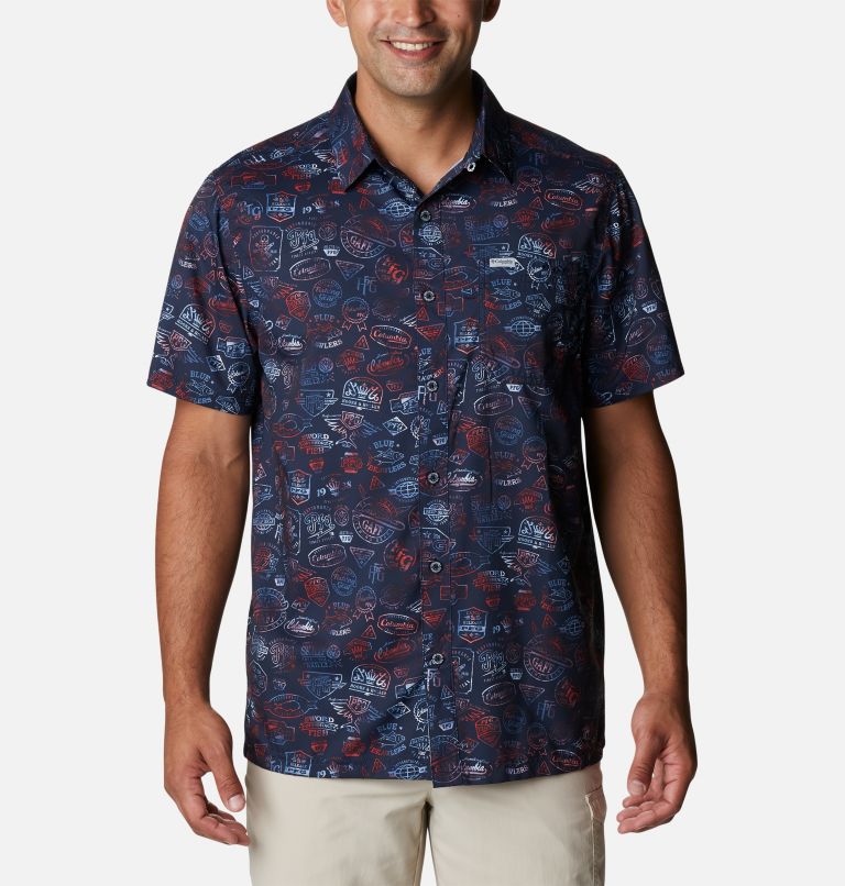Thumbnail: Men’s PFG Super Slack Tide Camp Shirt, Color: Collegiate Navy Tye Dye Print, image 1