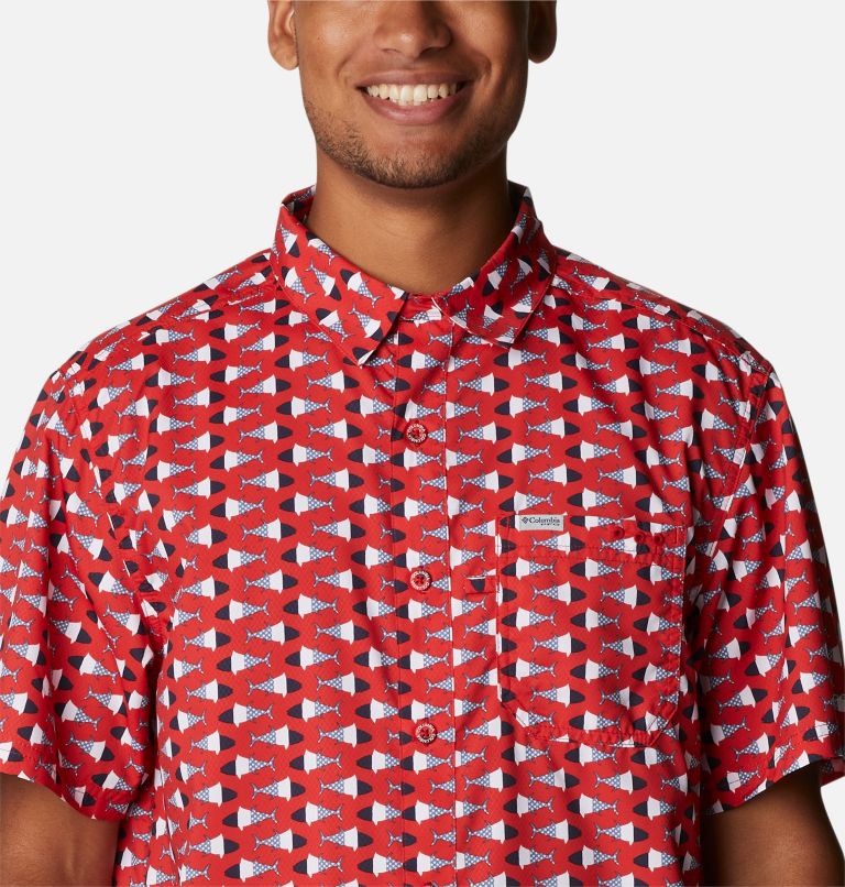 Men’s PFG Super Slack Tide Camp Shirt, Color: Red Spark Fish Bobber Print, image 4
