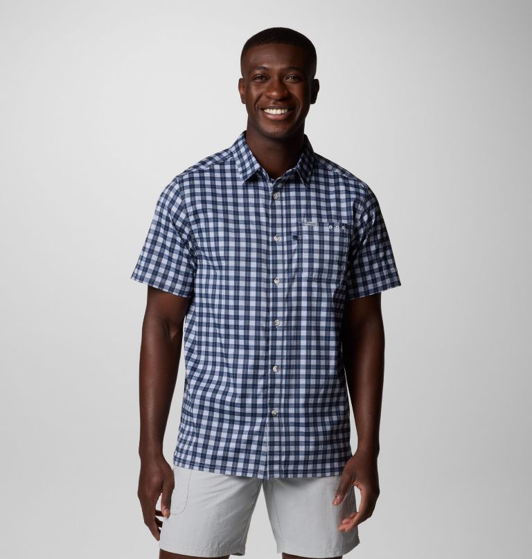 Men's PFG Super Slack Tide Camp Shirt - Tall, Color: Collegiate Navy Palaka Grid, image 1