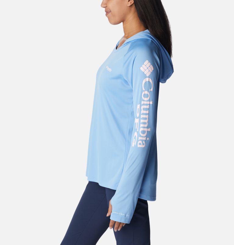 Women’s PFG Tidal Tee Hoodie, Color: Agate, Satin Pink Logo, image 3
