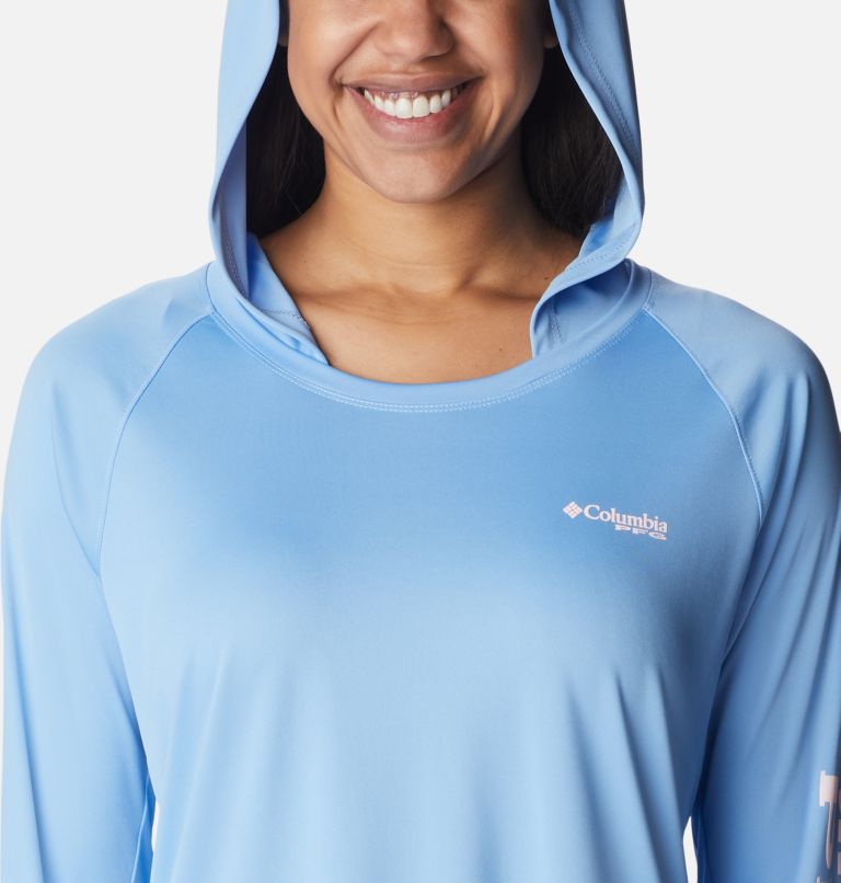 Women’s PFG Tidal Tee Hoodie, Color: Agate, Satin Pink Logo, image 4