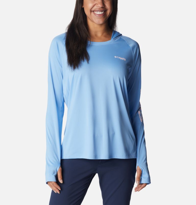 Women’s PFG Tidal Tee Hoodie, Color: Agate, Satin Pink Logo, image 1