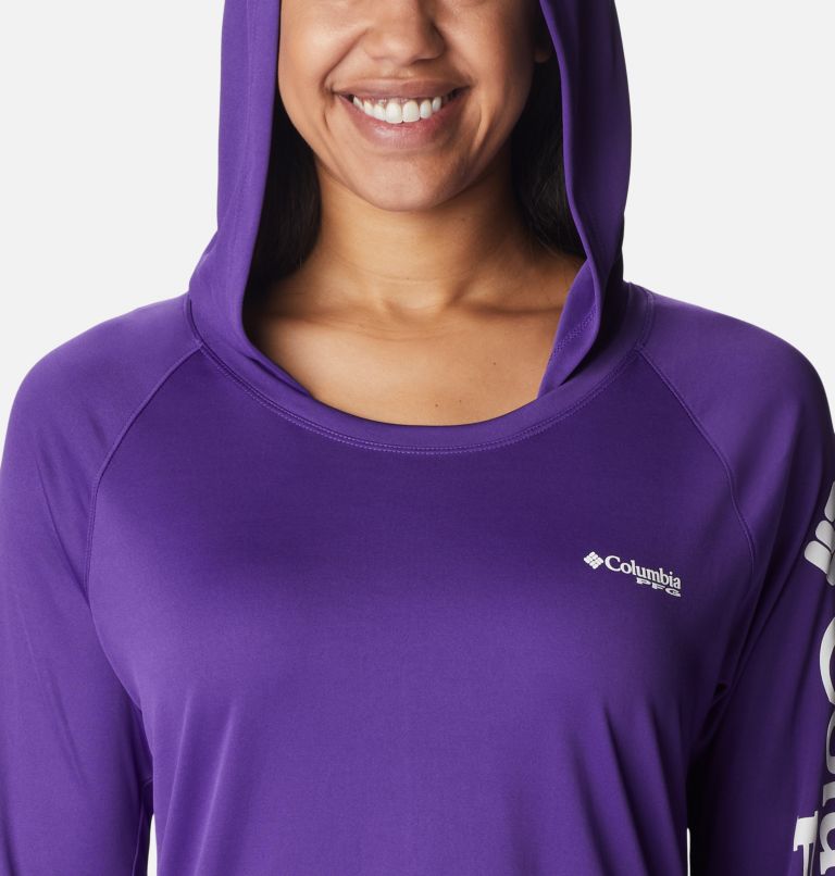 Women’s PFG Tidal Tee Hoodie, Color: Vivid Purple, White Logo, image 4