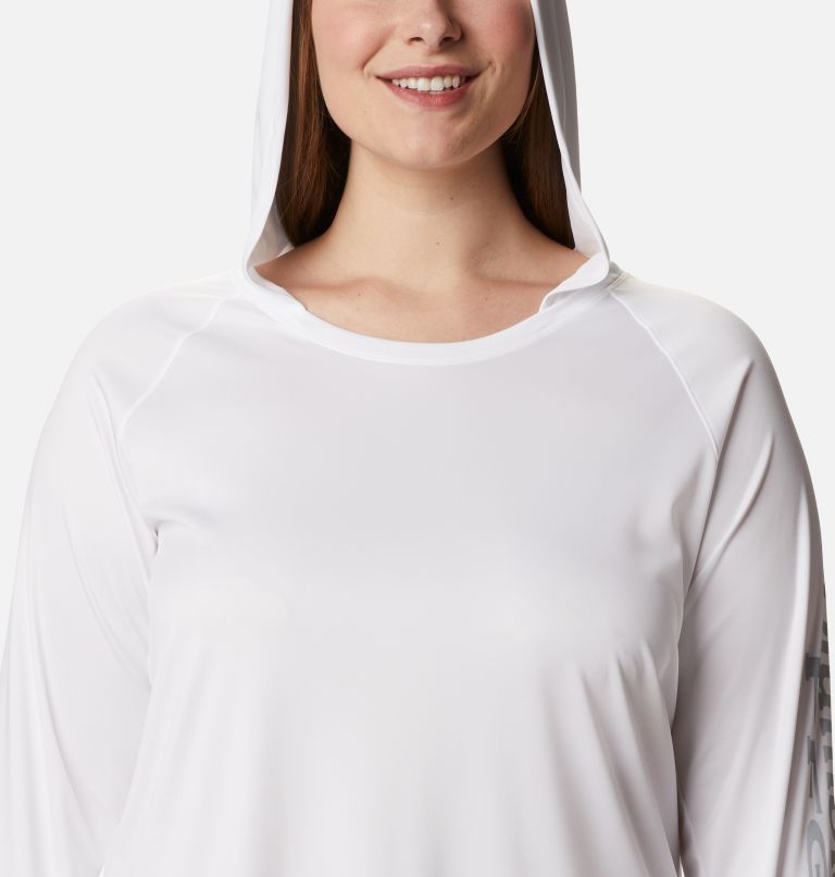 Women’s PFG Tidal Tee Hoodie - Plus Size, Color: White, Cirrus Grey Logo, image 4