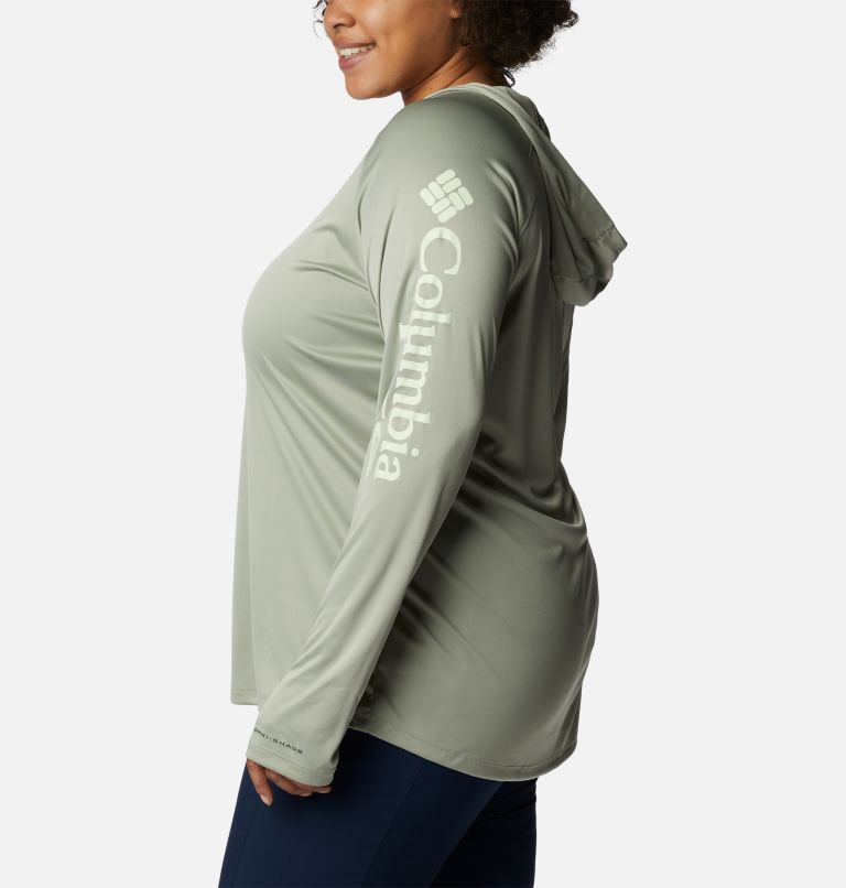 Women’s PFG Tidal Tee Hoodie - Plus Size, Color: Safari, Light Lime Logo