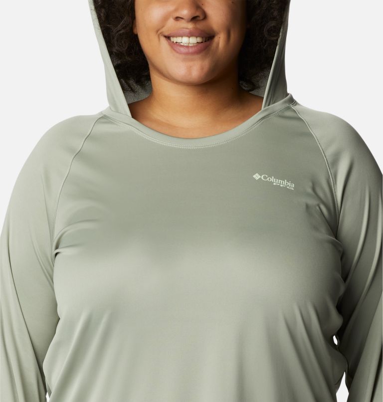 Women’s PFG Tidal Tee Hoodie - Plus Size, Color: Safari, Light Lime Logo