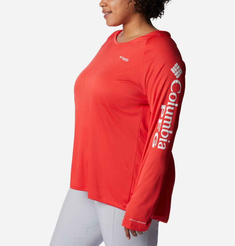 Women’s PFG Tidal Tee Hoodie - Plus Size, Color: Red Hibiscus, White Logo, image 3