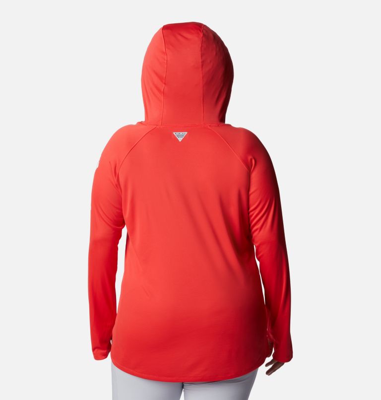 Thumbnail: Women’s PFG Tidal Tee Hoodie - Plus Size, Color: Red Hibiscus, White Logo, image 2