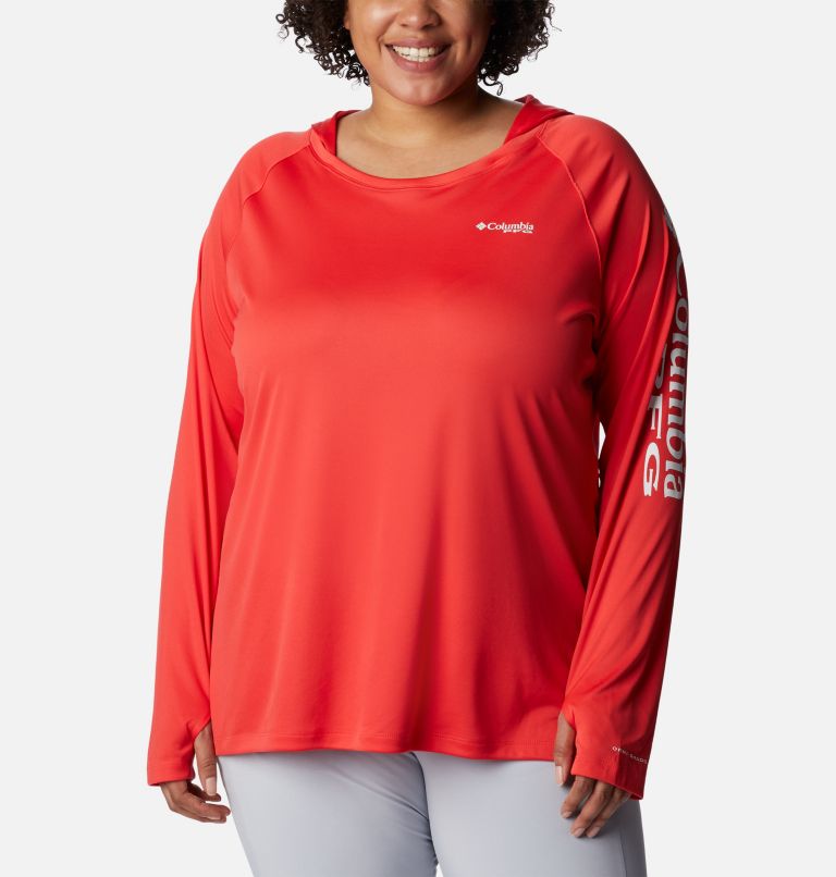 Women’s PFG Tidal Tee Hoodie - Plus Size, Color: Red Hibiscus, White Logo, image 1