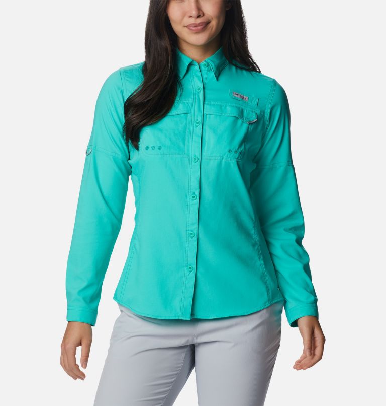 Thumbnail: Women’s PFG Lo Drag Long Sleeve Shirt, Color: Electric Turquoise, image 1