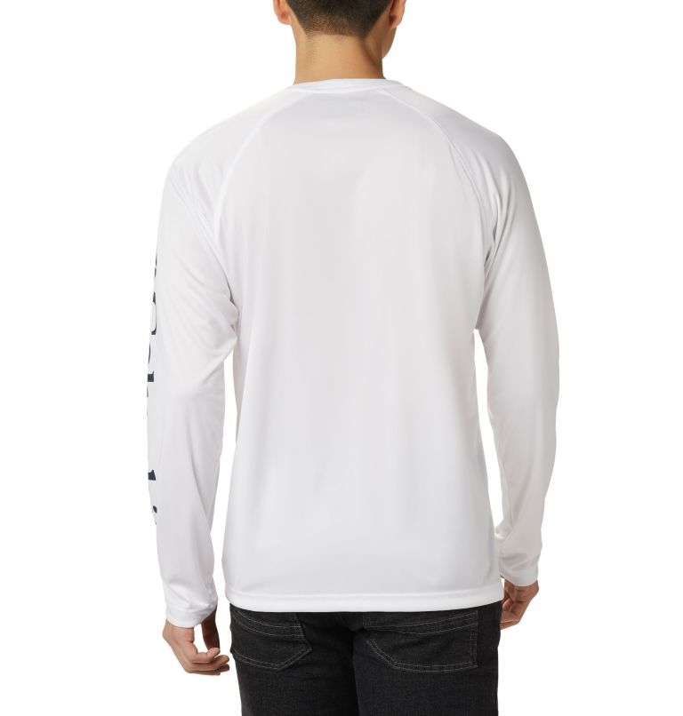 Men's Fork Stream Long Sleeve Shirt, Color: White, Collegiate Navy Logo, image 2