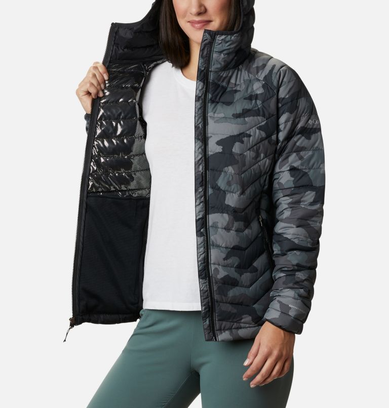 Women’s Powder Lite Hooded Jacket, Color: Black Traditional Camo Print