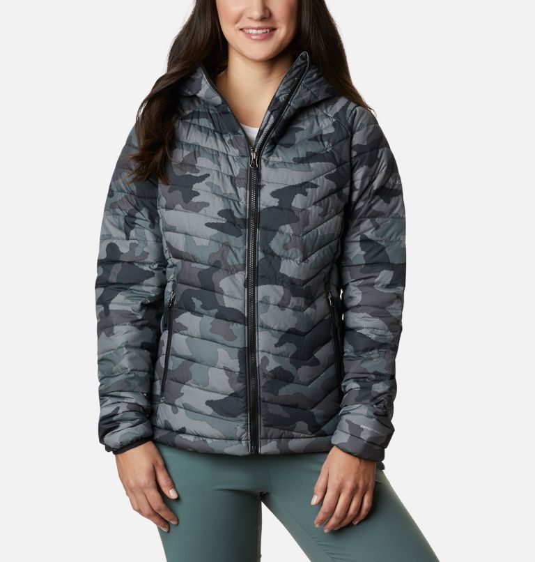 Women’s Powder Lite Insulated Hooded Jacket, Color: Black Traditional Camo Print, image 1